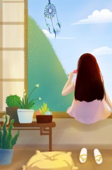 夏季窗台吃冰棒的女孩插画