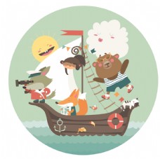 动物画海盗船北欧森系动物插画