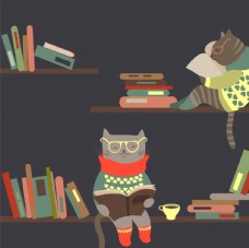 动物画北欧森系动物猫咪看书插画
