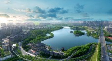 江边城市风景西安曲江池南湖公园鸟瞰图