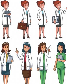 职业人士卡通手绘女医生护士医护职业人物