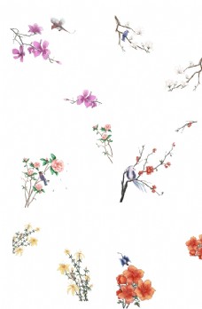 女童印花手绘花草牡丹花园元素素材
