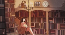 坐在书房里读书的女孩插画海报