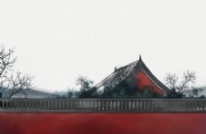 红杏出墙传统建筑墙檐屋檐插画背景