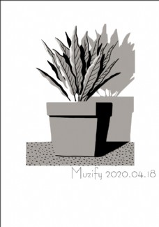 植物盆栽 黑白插画