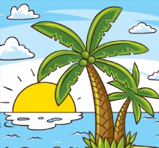 树木彩绘椰子树大海风景矢量素材