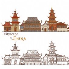 古镇中式建筑物插画