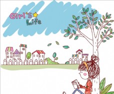 建筑素材手绘建筑树木小女孩看书素材