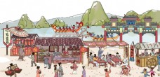 中国风传统插画新年集市插图