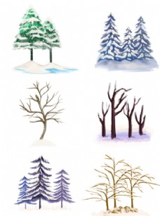 松柏立冬雪景松树树干柏树雪花手绘