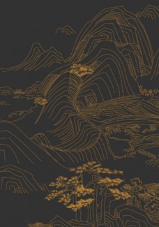 中国风设计锦绣山水画金色线条中国风
