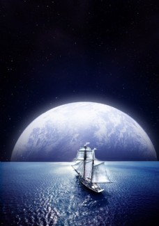 满月背景满月海洋帆船企业未来航行背景