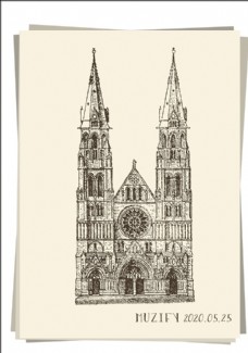大自然欧洲科隆大教堂素描画
