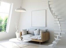 茶几客厅的沙发与旋转楼梯渲染效果图