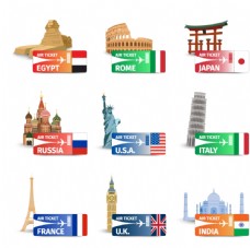 出国旅游海报世界名胜和飞机票矢量