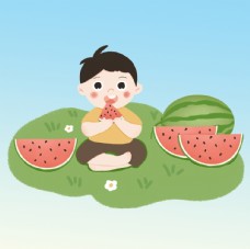 清新夏天夏季立夏在草地上吃西瓜