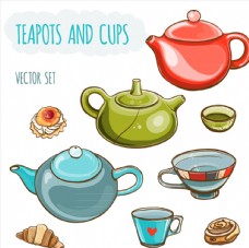 咖啡杯彩色茶壶与茶杯矢量素材